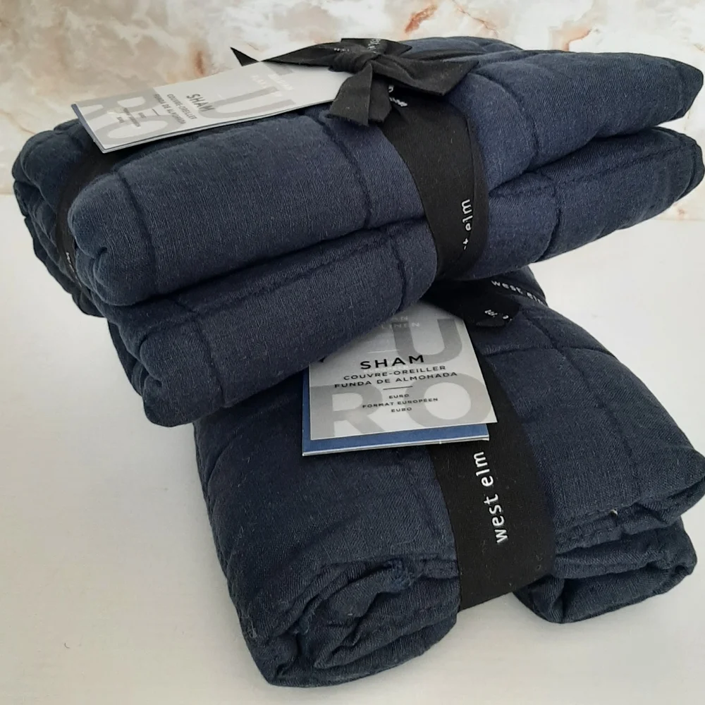 West Elm Belgian Flax Linen Frayed Edge Euro Quilted Shams Midnight Blue